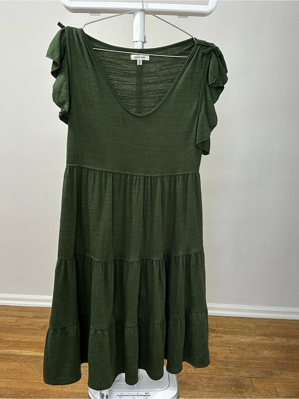 Tiered Max Studio Ruffle-Sleeve Dress in Olive Green
